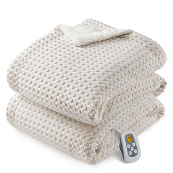 Garvee Heated Blanket Full Size, Waffle Weave Electric Blanket Throw with LCD Controller, Fast Heating, 10 Heat Levels & 1-12H Time Settings, ETL Certified, Machine Washable, Beige, 72" x 84"