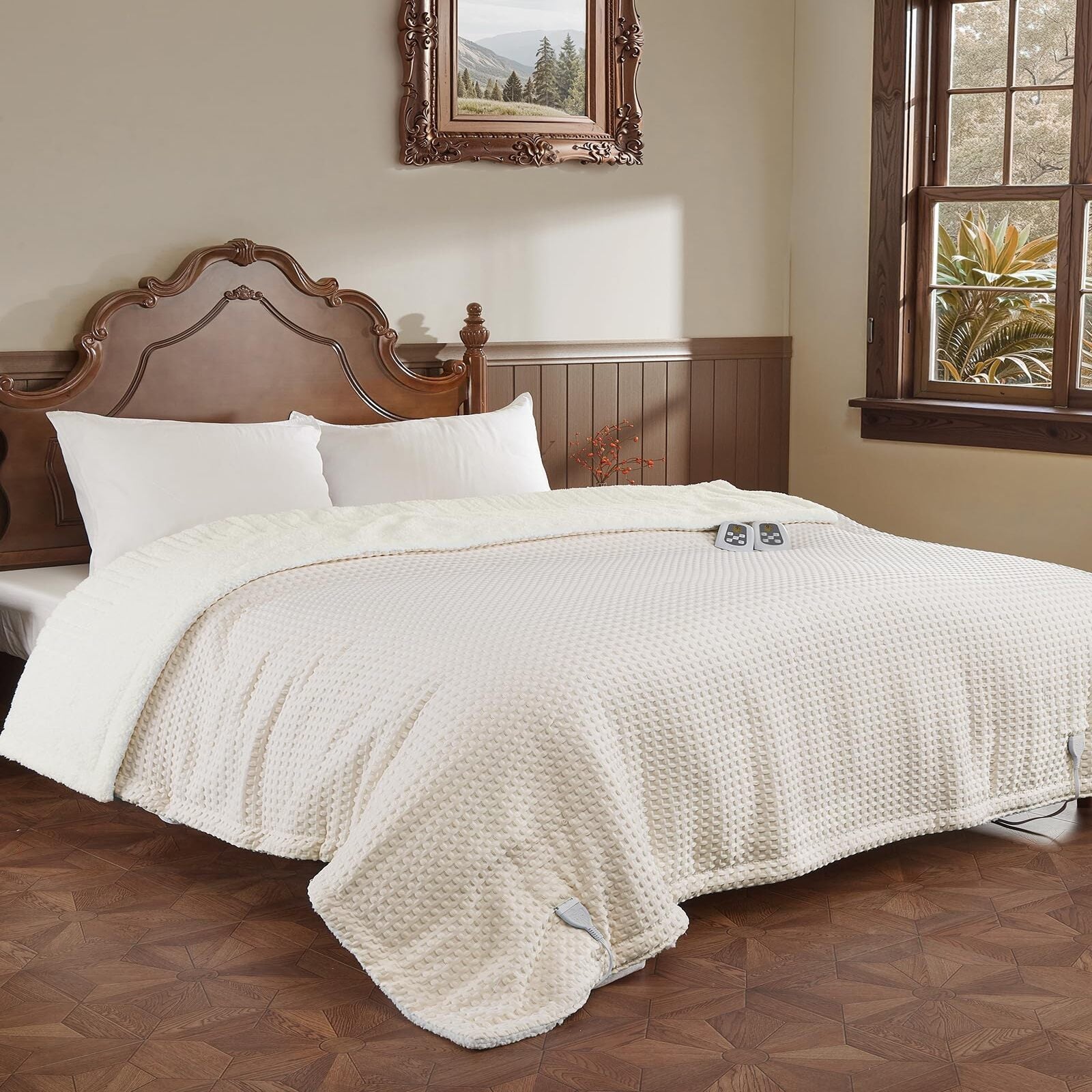 Garvee Heated Blanket King Size with LCD Dual Controller, Waffle Weave Fast Heating Electric Blankets, 10 Heat Levels & 1-12H Time Settings, ETL Certified, Machine Washable, Beige, 100" x 90"