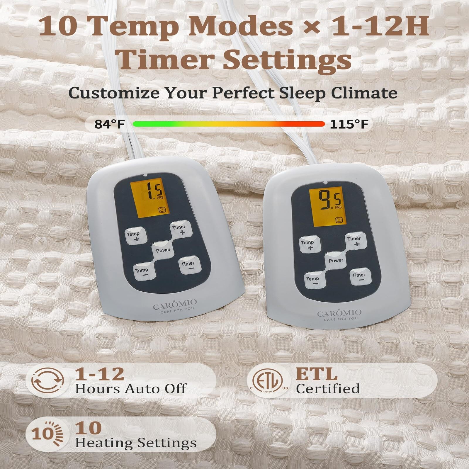 Garvee Heated Blanket King Size with LCD Dual Controller, Waffle Weave Fast Heating Electric Blankets, 10 Heat Levels & 1-12H Time Settings, ETL Certified, Machine Washable, Beige, 100" x 90"