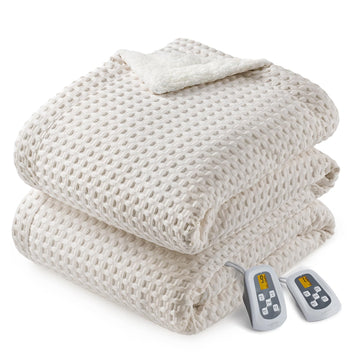 Garvee Heated Blanket Queen Size with LCD Dual Controller, Waffle Weave Fast Heating Electric Blankets, 10 Heat Levels & 1-12H Time Settings, ETL Certified, Machine Washable, Beige, 84" x 90"