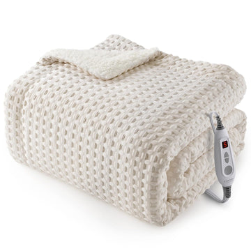Garvee Heated Blanket Throw, Waffle Weave Electric Throw Blanket Fast Heating with LCD Controller, 6 Heat Levels & 4 Hour Auto Shut Off, ETL Certified, Machine Washable, Beige, 50" x 60"