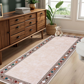 Garvee Bordered Beige 2x6 Washable Runner Rug - Soft, Non-Slip, Stain Resistant Carpet for Hallways, Entryway, Bedroom
