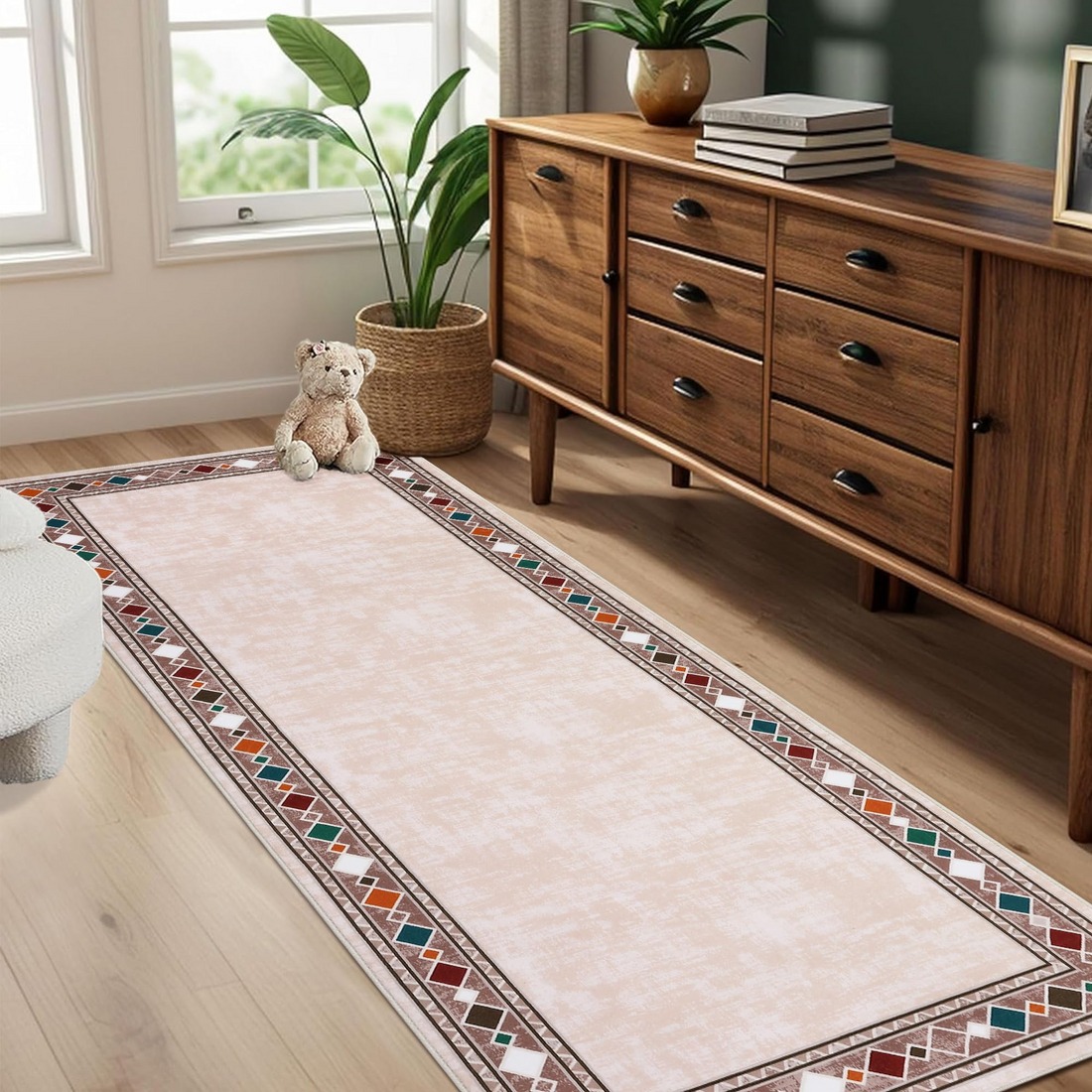 Garvee Bordered Beige 2x6 Washable Runner Rug - Soft, Non-Slip, Stain Resistant Carpet for Hallways, Entryway, Bedroom