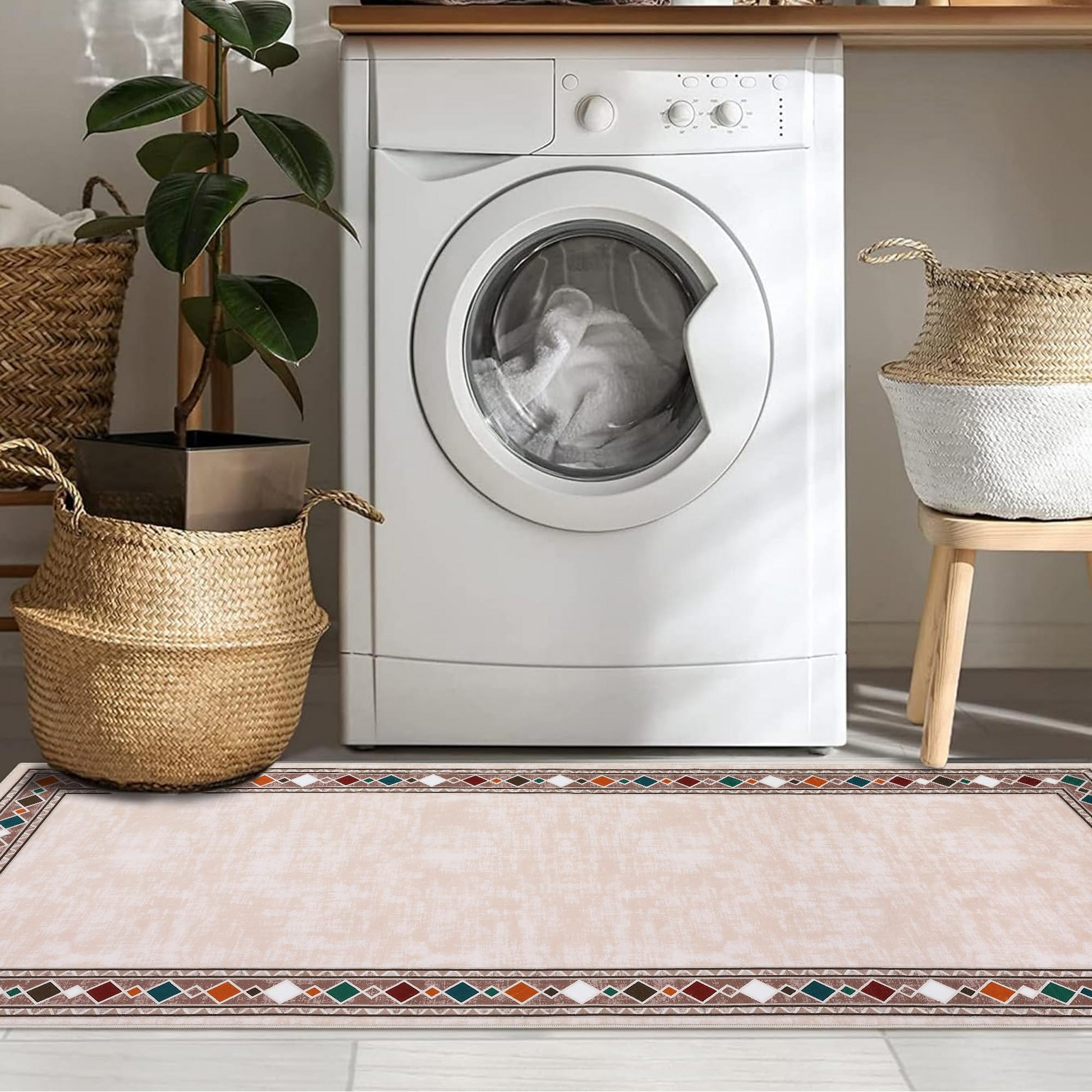Garvee Bordered Beige 2x6 Washable Runner Rug - Soft, Non-Slip, Stain Resistant Carpet for Hallways, Entryway, Bedroom