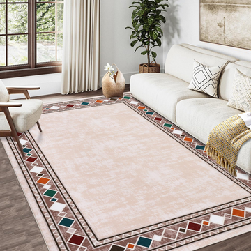 Garvee Bordered Beige 4x6 Machine Washable for Living Room Modern Area Rug, Non-Slip Stain Resistant Accent Rug Indoor Minimalist Border Floor Cover Carpet for Bedroom