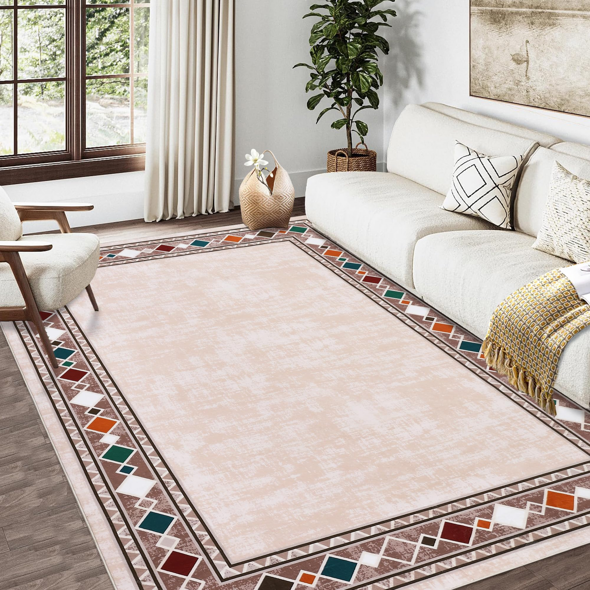 Garvee Bordered Beige 4x6 Machine Washable for Living Room Modern Area Rug, Non-Slip Stain Resistant Accent Rug Indoor Minimalist Border Floor Cover Carpet for Bedroom