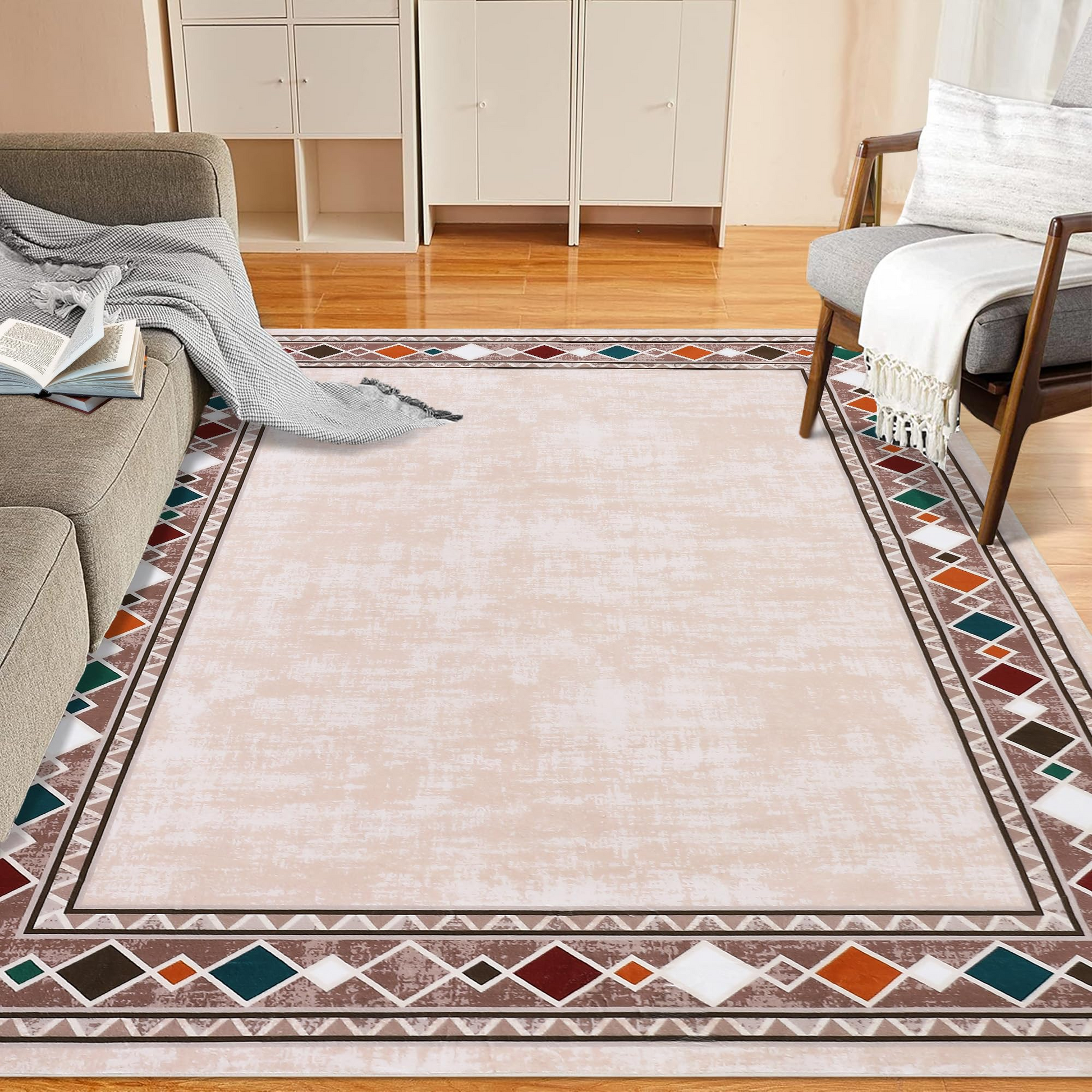 Garvee Bordered Beige 4x6 Machine Washable for Living Room Modern Area Rug, Non-Slip Stain Resistant Accent Rug Indoor Minimalist Border Floor Cover Carpet for Bedroom