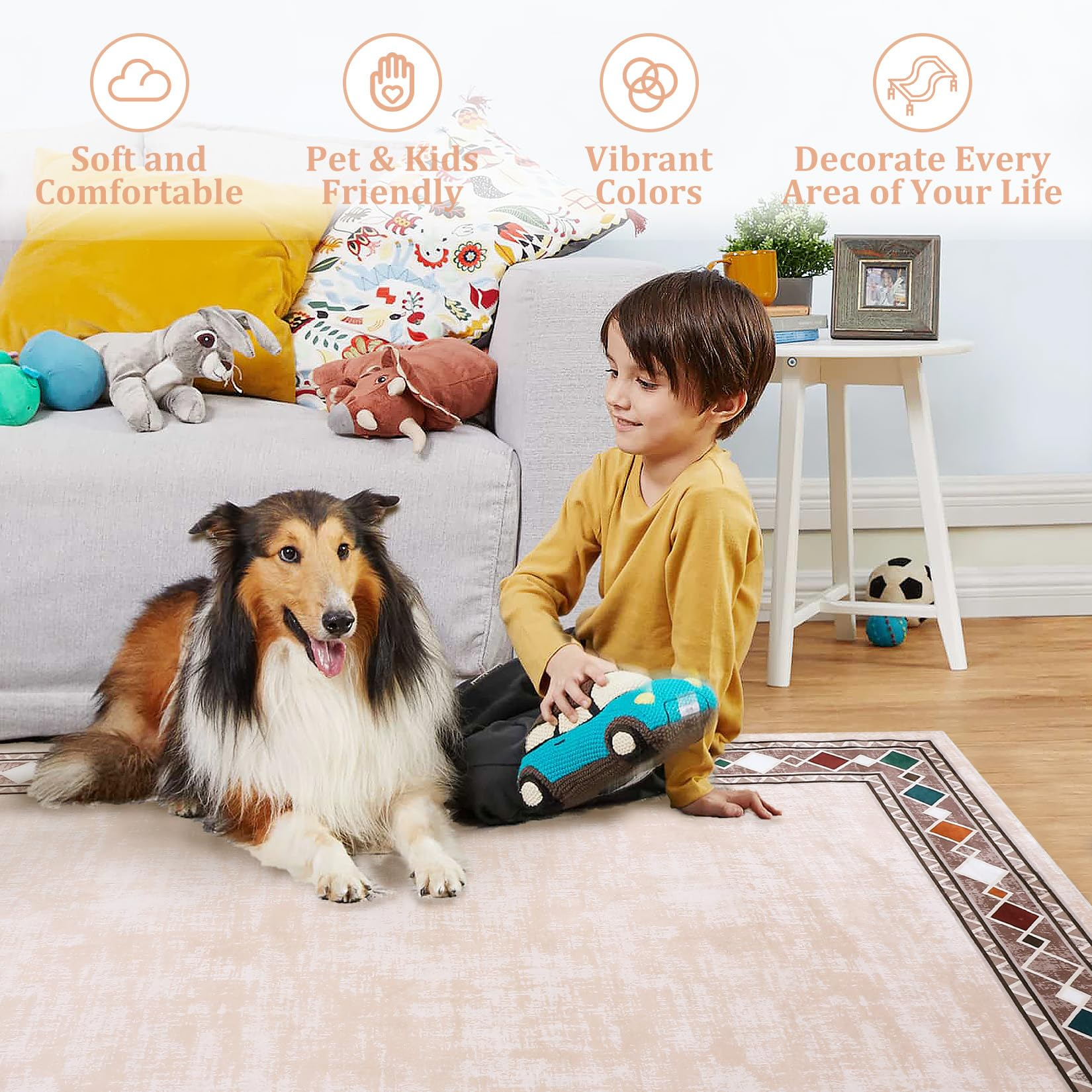 Garvee Bordered Beige 4x6 Machine Washable for Living Room Modern Area Rug, Non-Slip Stain Resistant Accent Rug Indoor Minimalist Border Floor Cover Carpet for Bedroom