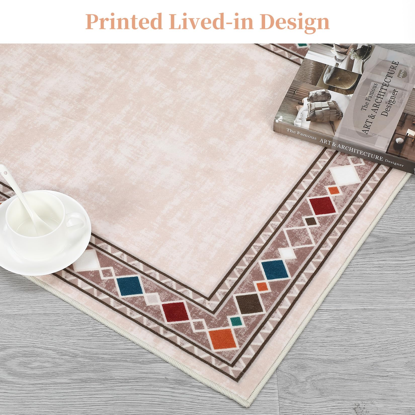 Garvee Bordered Beige 4x6 Machine Washable for Living Room Modern Area Rug, Non-Slip Stain Resistant Accent Rug Indoor Minimalist Border Floor Cover Carpet for Bedroom