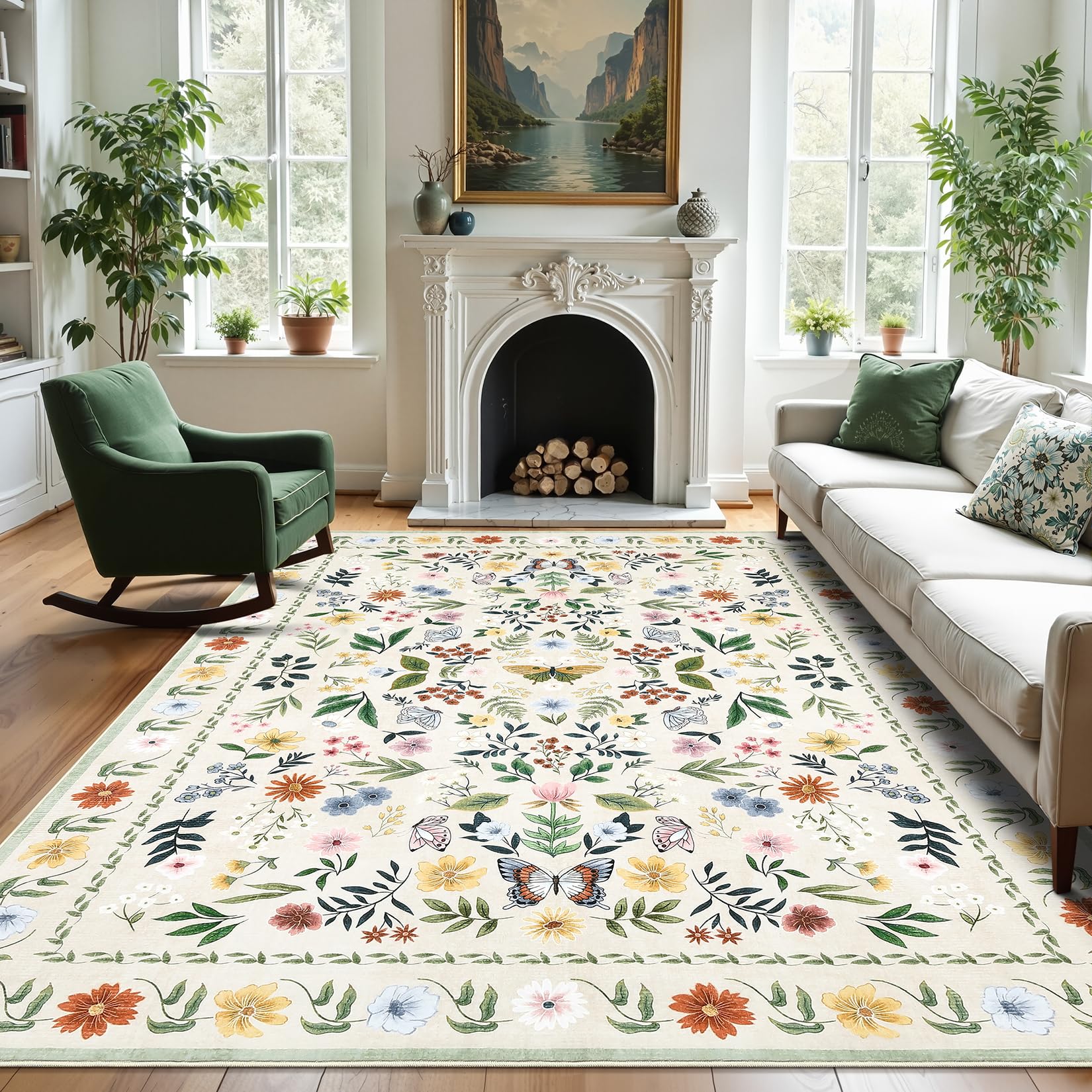 Garvee Washable Floral Rug Non Slip Living Room Rug, Area Rugs Vintage Distressed Soft Carpet for Bedroom, Dinning Room, Home Office