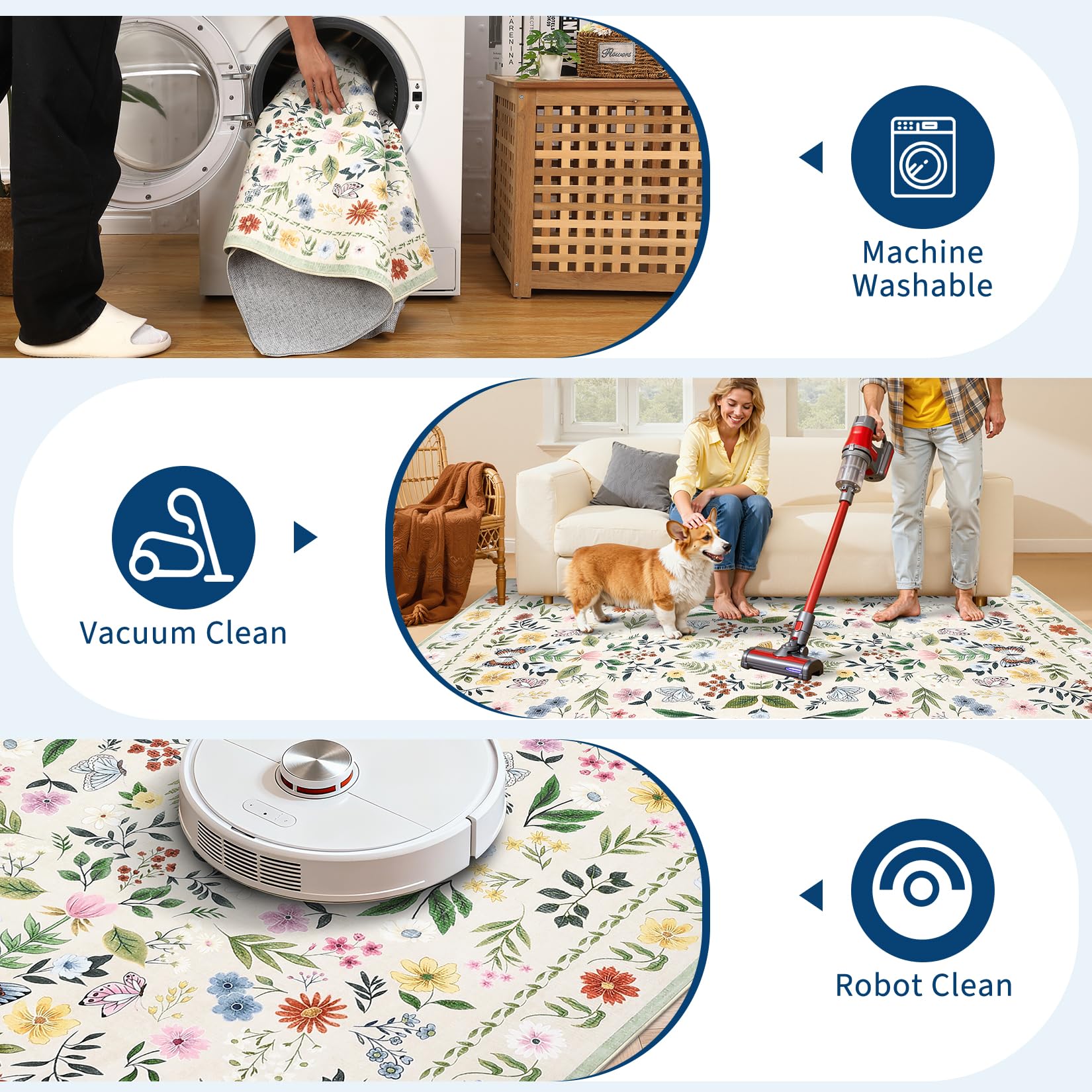 Garvee Washable Floral Rug Non Slip Living Room Rug, Area Rugs Vintage Distressed Soft Carpet for Bedroom, Dinning Room, Home Office