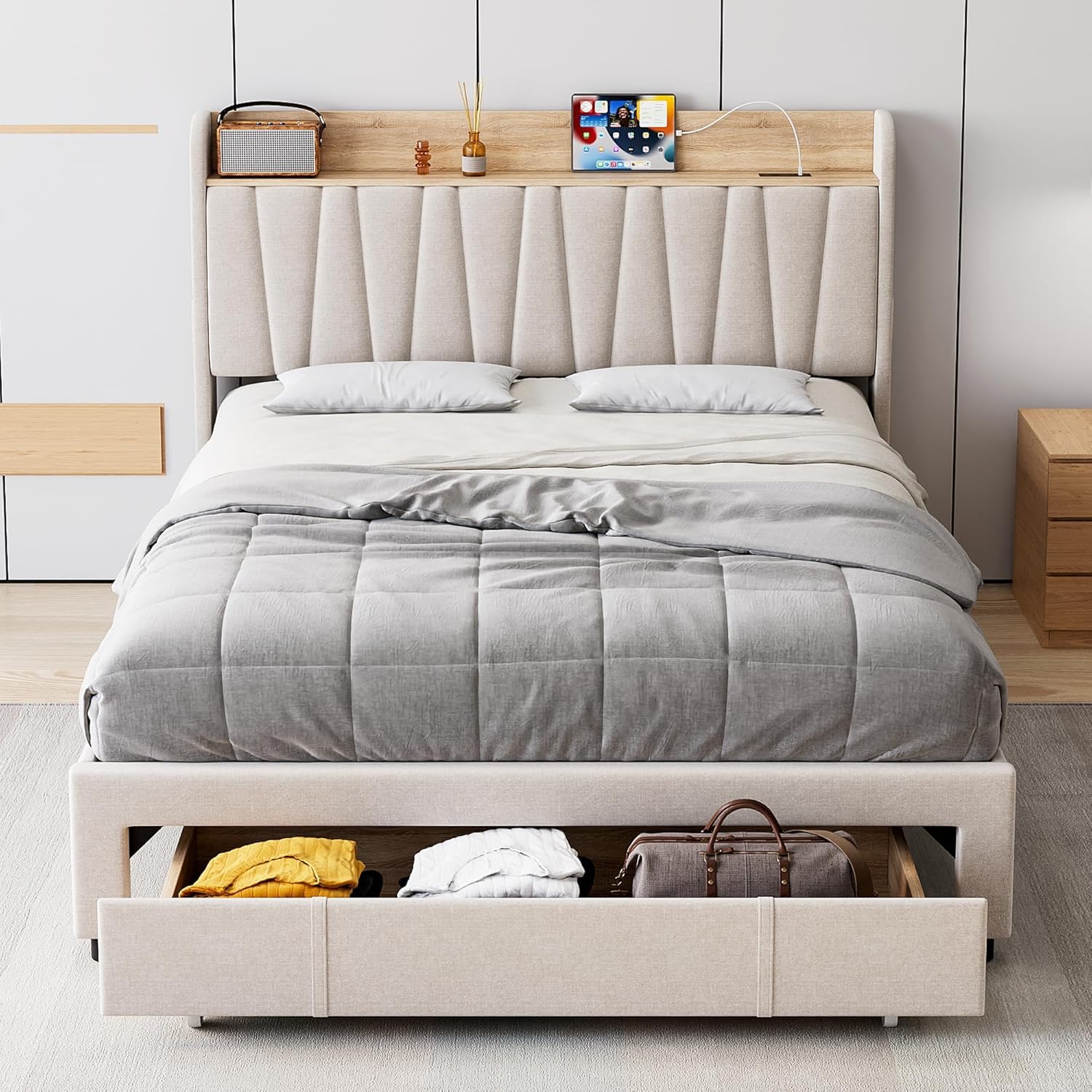 Garvee Full Size Bed Frame with Storage Headboard and Charging Station, Upholstered Platform Bed Frame with Drawer, Mattress Foundation with Solid Wooden Slats Support, No Box Spring Needed, Beige