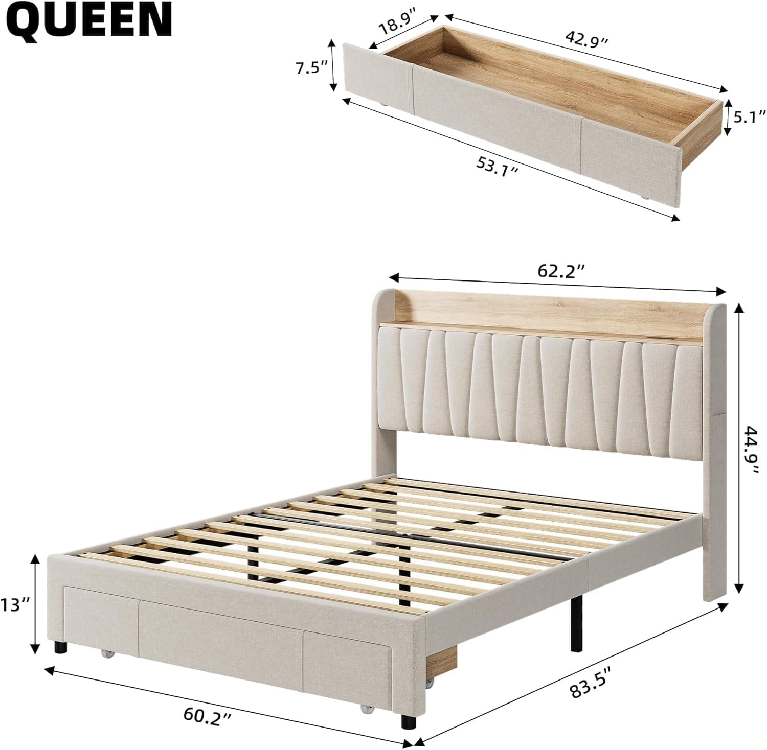 Garvee Queen Size Upholstered Bed Frame with Storage Drawer & Headboard, Charging Station, No Box Spring, Easy Assembly, Beige, Bedroom