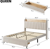 Garvee Queen Size Upholstered Bed Frame with Storage Drawer & Headboard, Charging Station, No Box Spring, Easy Assembly, Beige, Bedroom