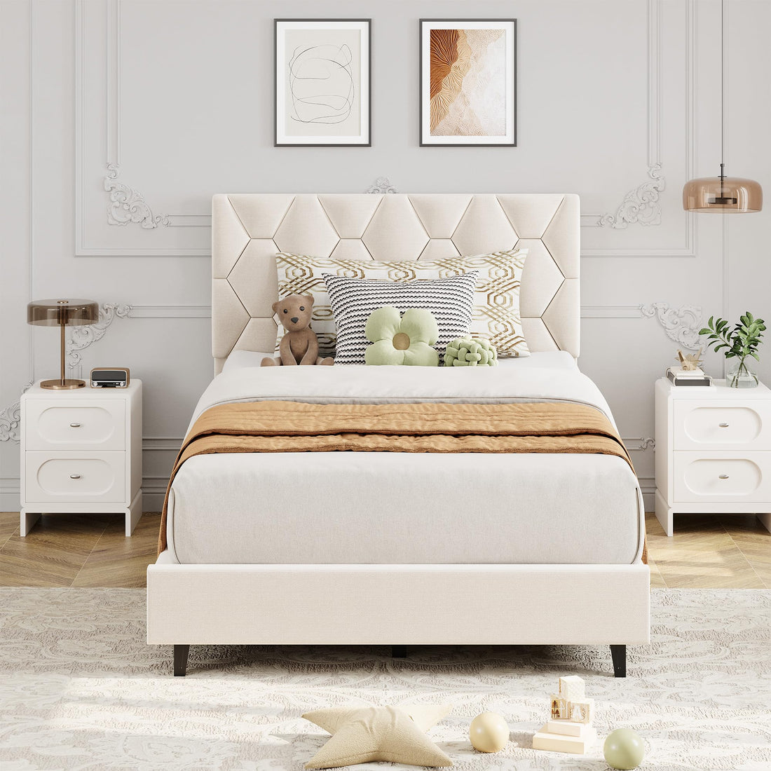 Garvee Twin Bed Frame with Headboard, Beige Upholstered Bed Frame Twin, Heavy-Duty Twin Platform Bed Frame with Strong Wood Slats, Upholstered Mattress Foundation No Box Spring Needed