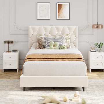 Garvee Twin Bed Frame with Headboard, Beige Upholstered Bed Frame Twin, Heavy-Duty Twin Platform Bed Frame with Strong Wood Slats, Upholstered Mattress Foundation No Box Spring Needed