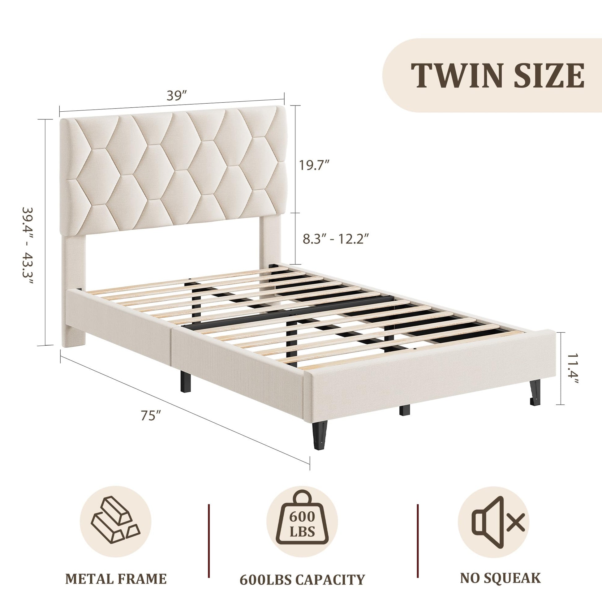 Garvee Twin Bed Frame with Headboard, Beige Upholstered Bed Frame Twin, Heavy-Duty Twin Platform Bed Frame with Strong Wood Slats, Upholstered Mattress Foundation No Box Spring Needed