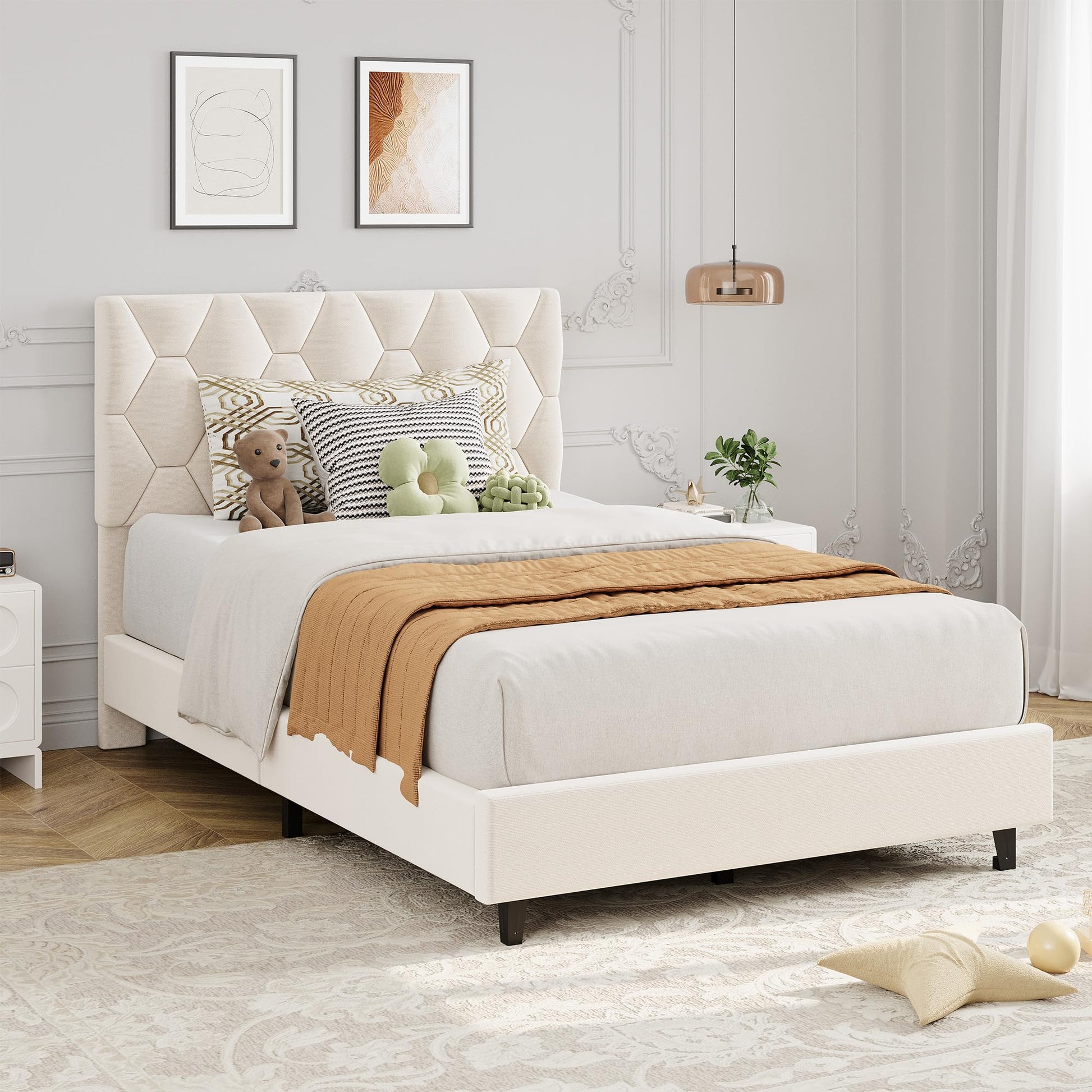 Garvee Twin Bed Frame with Headboard, Beige Upholstered Bed Frame Twin, Heavy-Duty Twin Platform Bed Frame with Strong Wood Slats, Upholstered Mattress Foundation No Box Spring Needed