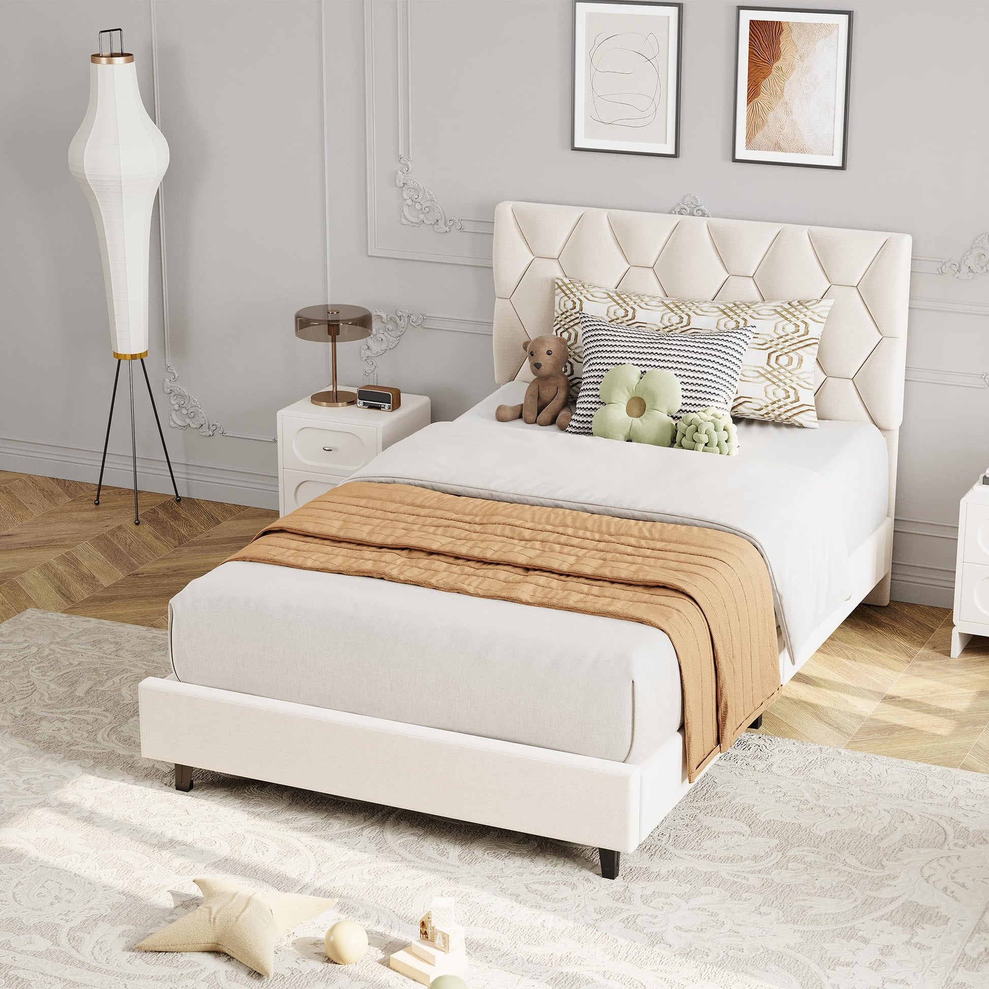Garvee Twin Bed Frame with Headboard, Beige Upholstered Bed Frame Twin, Heavy-Duty Twin Platform Bed Frame with Strong Wood Slats, Upholstered Mattress Foundation No Box Spring Needed