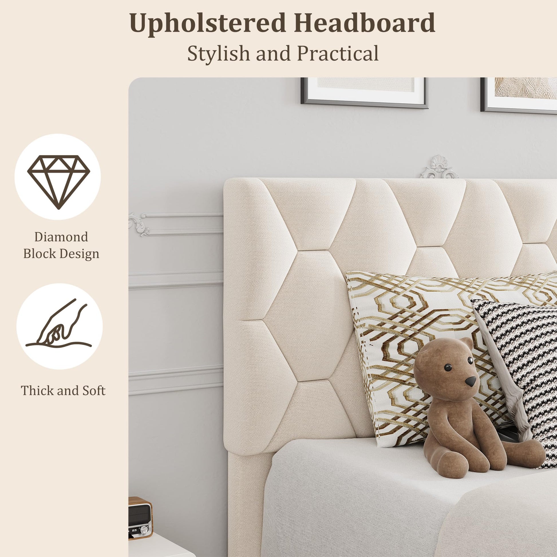 Garvee Twin Bed Frame with Headboard, Beige Upholstered Bed Frame Twin, Heavy-Duty Twin Platform Bed Frame with Strong Wood Slats, Upholstered Mattress Foundation No Box Spring Needed