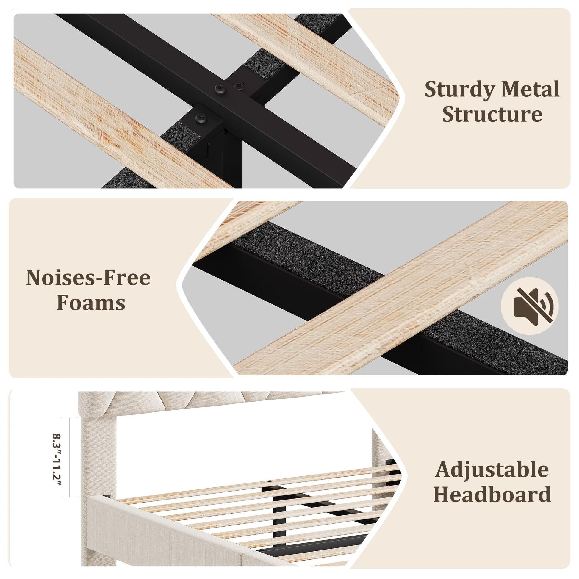 Garvee Twin Bed Frame with Headboard, Beige Upholstered Bed Frame Twin, Heavy-Duty Twin Platform Bed Frame with Strong Wood Slats, Upholstered Mattress Foundation No Box Spring Needed