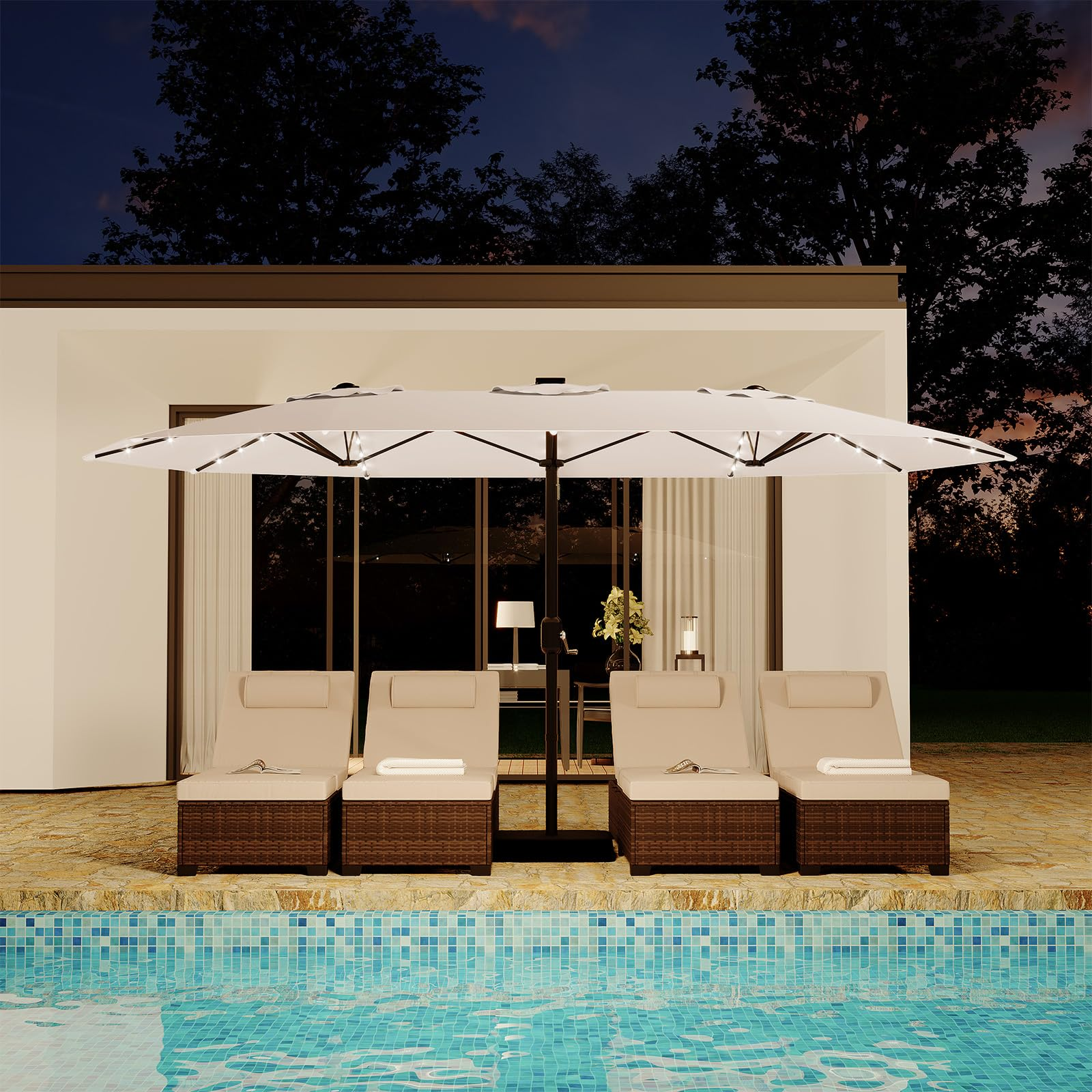GARVEE 15' Solar-Powered Patio Umbrella with 36 LED Lights
