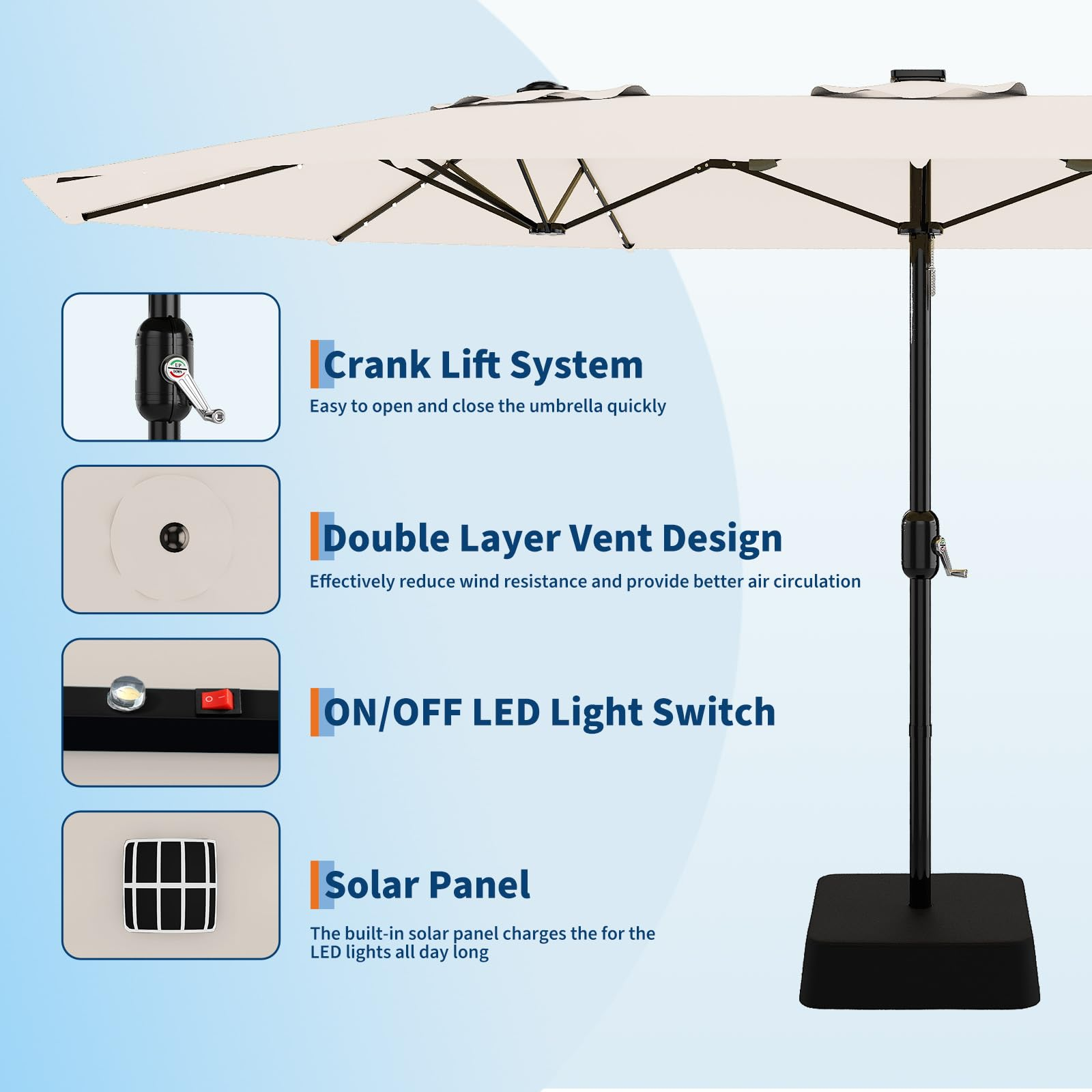 Garvee 15' Solar-Powered Patio Umbrella with 36 LED Lights, Double-Sided Design & Cross Base for Poolside, Deck, Backyard, Beige