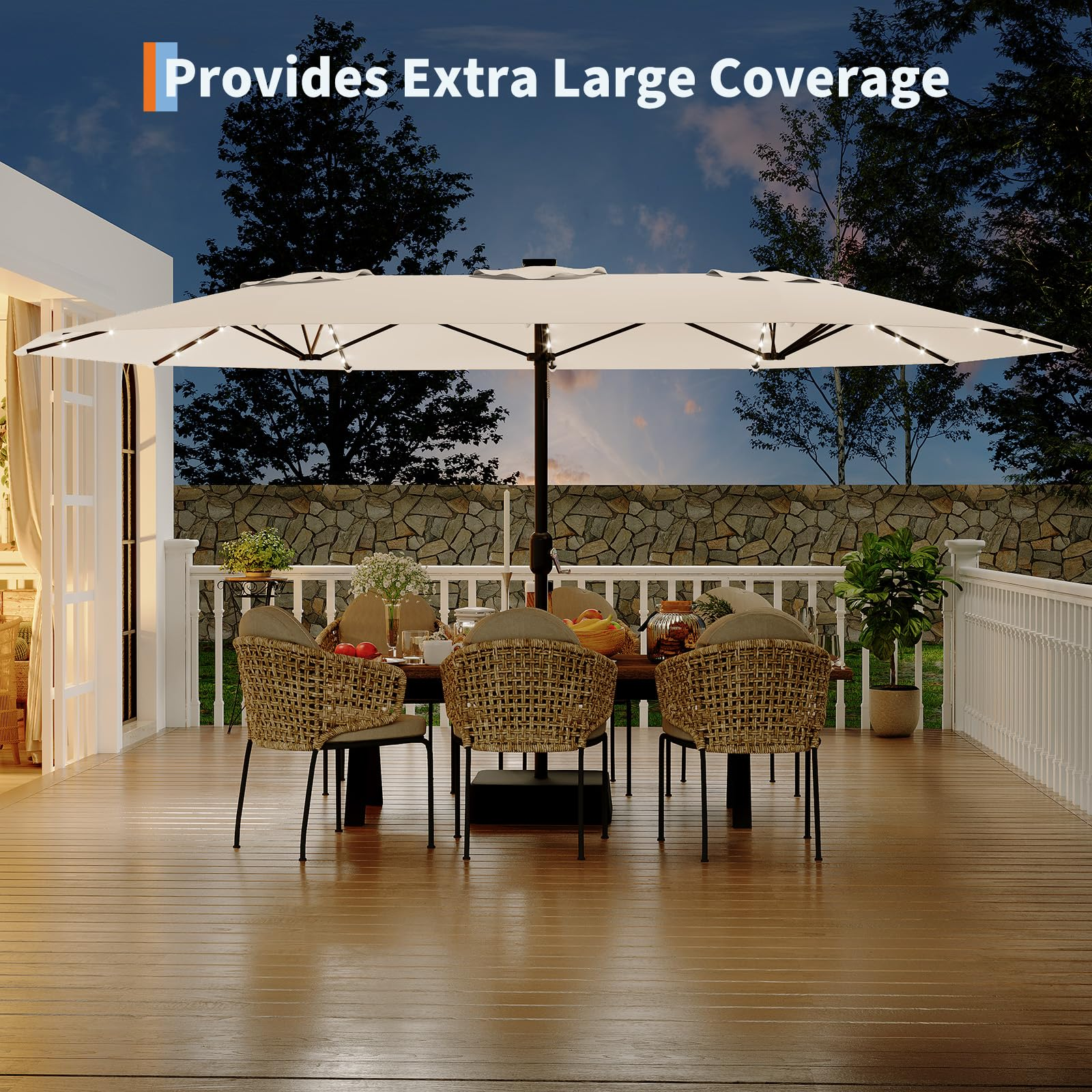Garvee 15' Solar-Powered Patio Umbrella with 36 LED Lights, Double-Sided Design & Cross Base for Poolside, Deck, Backyard, Beige