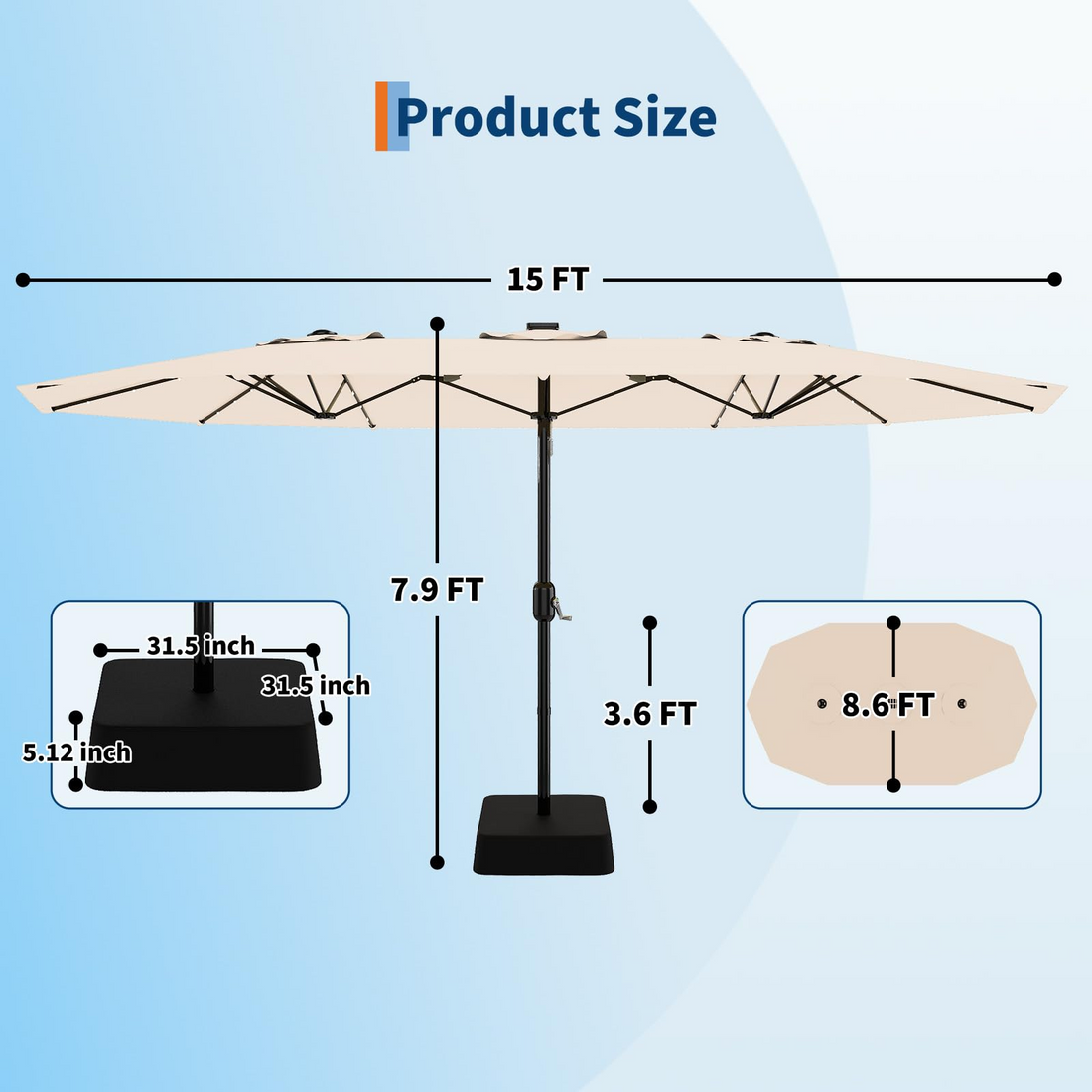 Garvee 15' Solar-Powered Patio Umbrella with 36 LED Lights, Double-Sided Design & Cross Base for Poolside, Deck, Backyard, Beige