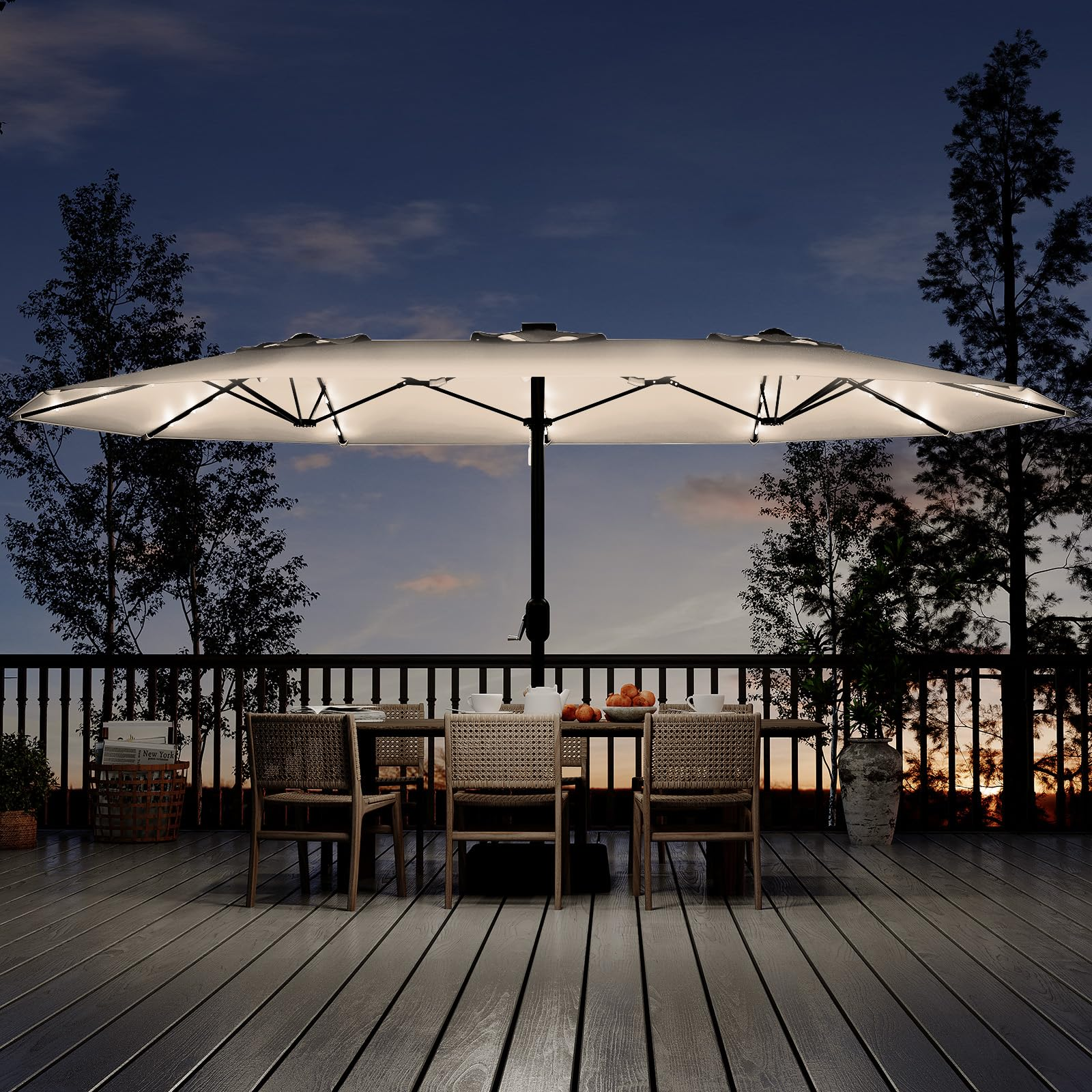 Garvee 15' Solar-Powered Patio Umbrella with 36 LED Lights, Double-Sided Design & Cross Base for Poolside, Deck, Backyard, Beige