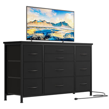 Garvee 10 Drawer Dressers for Bedroom, TV Stand Dresser for 55", Chests of Drawers with Power Outlet for Living Room, Wide Kids Dresser with Fabric Drawers for Clothing, Storage, Black