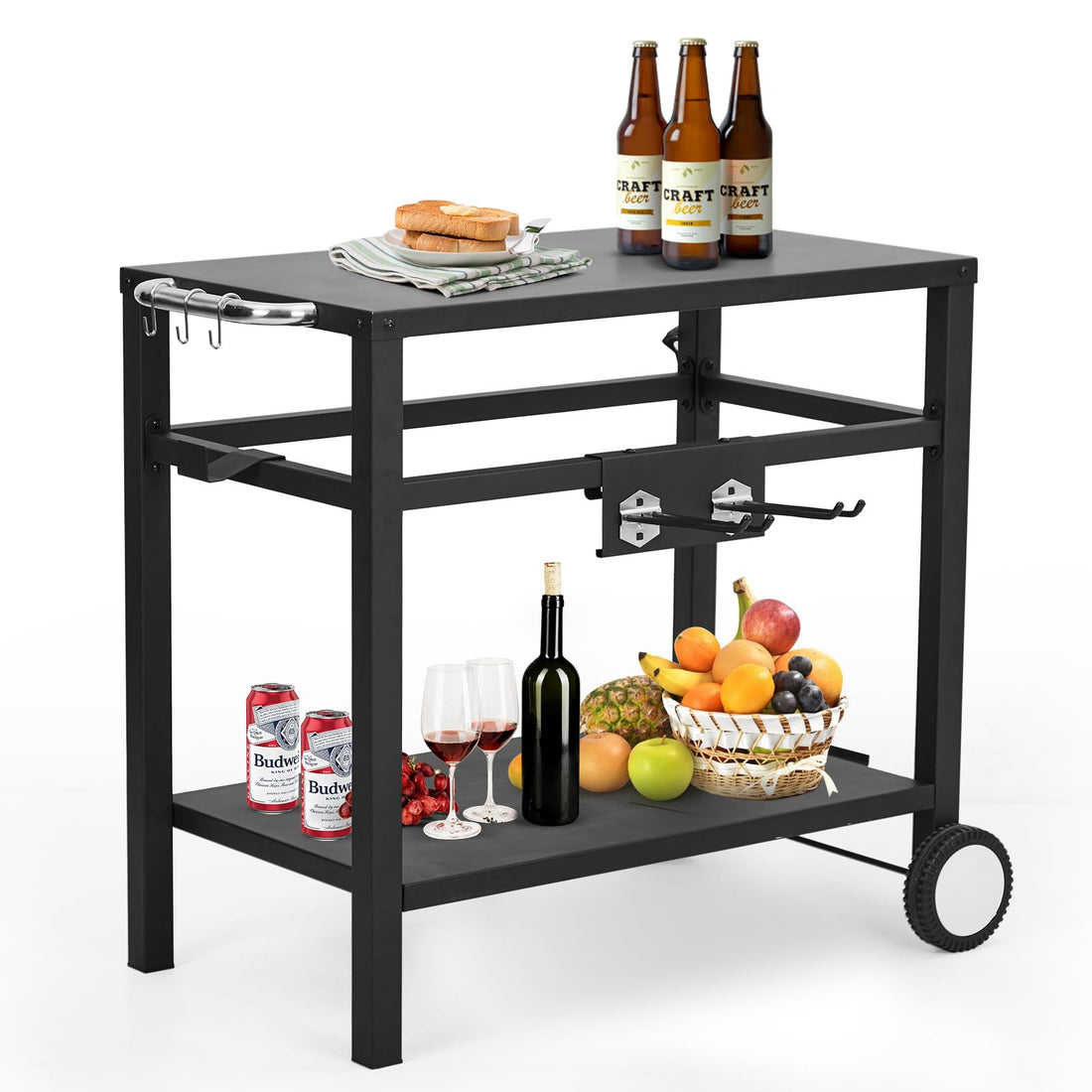 Outdoor Grill Cart Pizza Oven Stand BBQ Prep Table with Wheels & Hooks