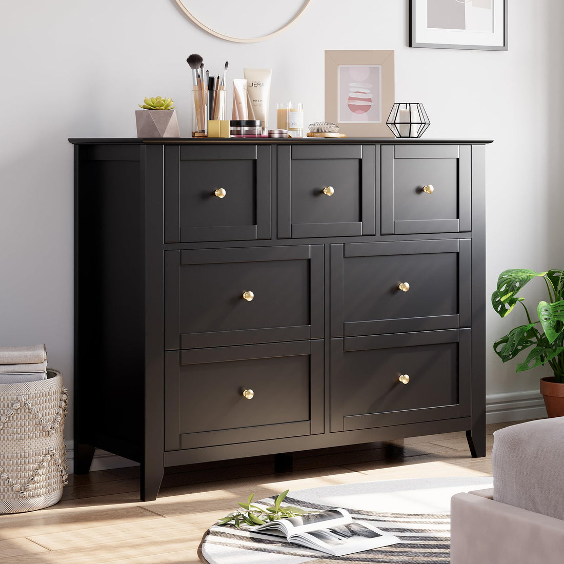 Garvee Modern Black 7-Drawer Dresser With Nickel Round Handles, Stylish Wood Organizer With Deep Drawers for Ample Storage Space, In Bedroom, Living Room, or Entryway