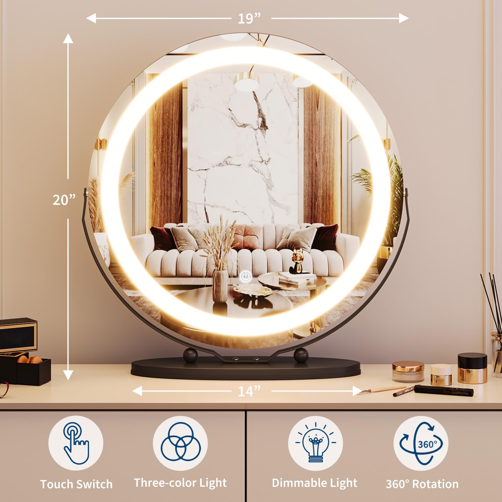 Garvee 19" Vanity Mirror with Led Lights, Large Round HD Makeup Mirror with Touch Control and 3 Color Lighting Modes, 360° Rotating Vanity Mirror for Bedroom, Table Top, Easy to Install, Black