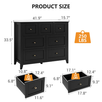 Garvee Modern Black 7-Drawer Dresser With Nickel Round Handles, Stylish Wood Organizer With Deep Drawers for Ample Storage Space, In Bedroom, Living Room, or Entryway