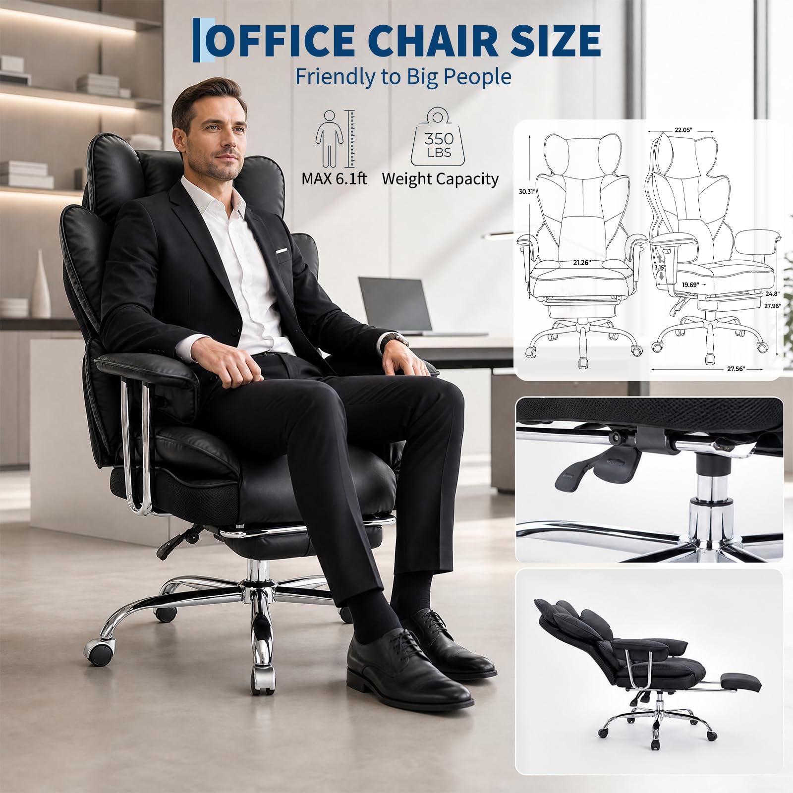 Garvee Big and Tall Ergonomic Office Chair – 350lbs Capacity, High Back Reclining, Footrest, Thick PU Leather Seat, Pocket Spring Lumbar & Pillow Support, Adjustable Armrests – Executive Desk Chair – Black