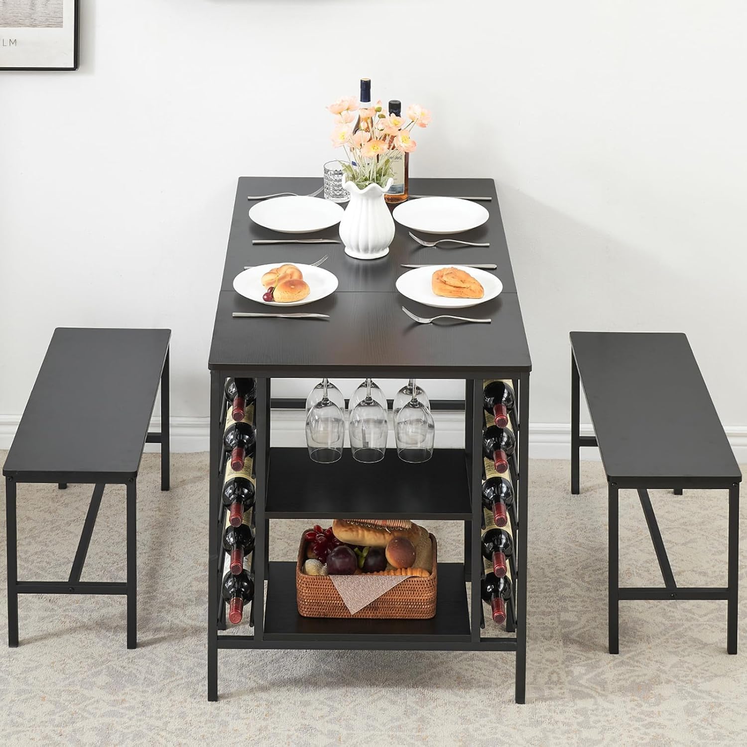 Garvee Dining Table Set for 4, Rectangular Kitchen Table Set with 2 Benches, Wine Rack and Glass Holder, 3 Piece Dining Table Set for Small Space Apartment, Black