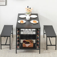 Garvee Dining Table Set for 4, Rectangular Kitchen Table Set with 2 Benches, Wine Rack and Glass Holder, 3 Piece Dining Table Set for Small Space Apartment, Black