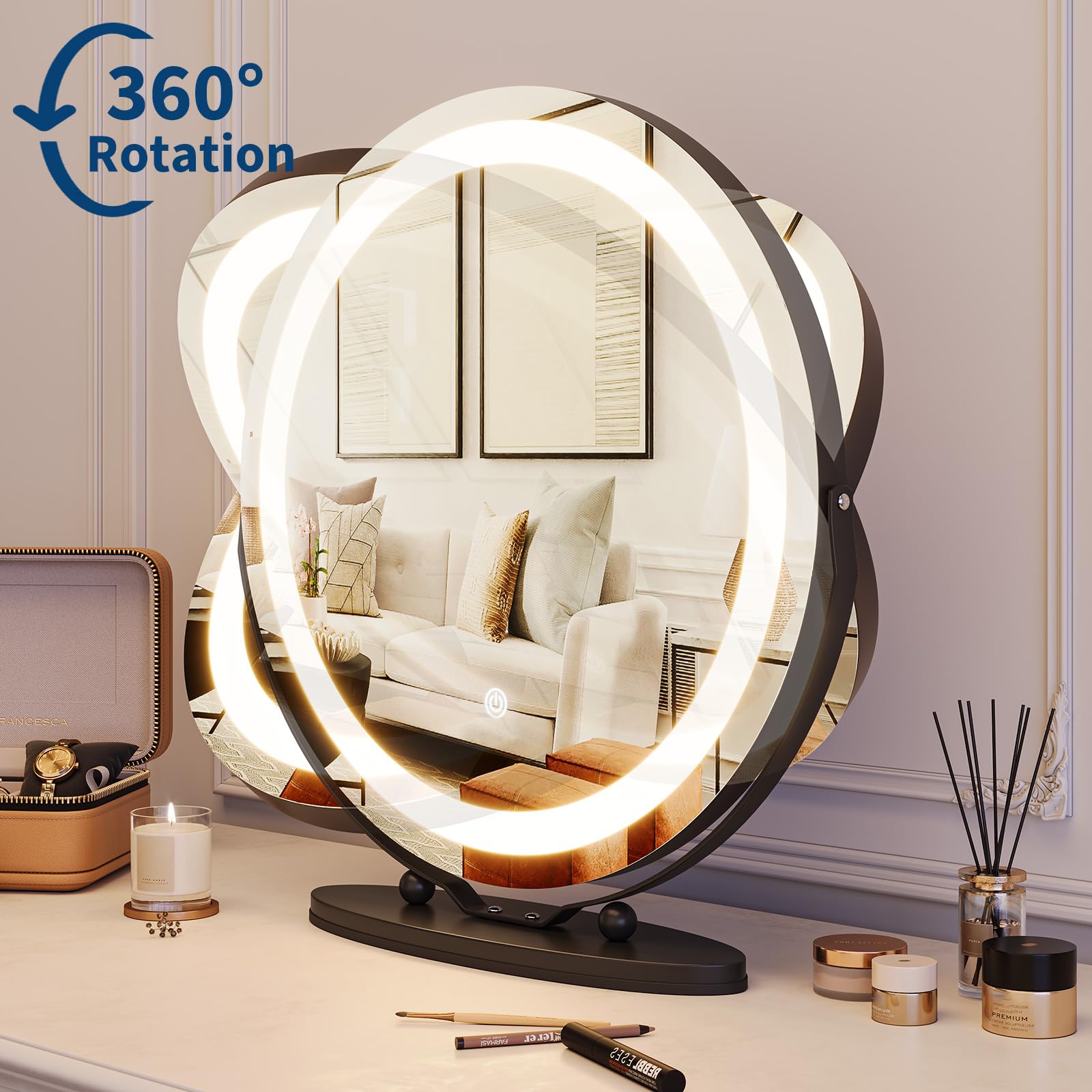 Garvee 19" Vanity Mirror with Led Lights, Large Round HD Makeup Mirror with Touch Control and 3 Color Lighting Modes, 360° Rotating Vanity Mirror for Bedroom, Table Top, Easy to Install, Black