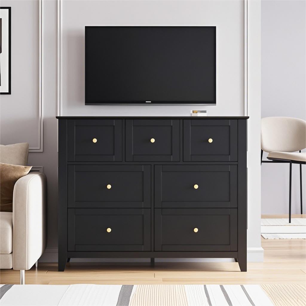 Garvee Modern Black 7-Drawer Dresser With Nickel Round Handles, Stylish Wood Organizer With Deep Drawers for Ample Storage Space, In Bedroom, Living Room, or Entryway