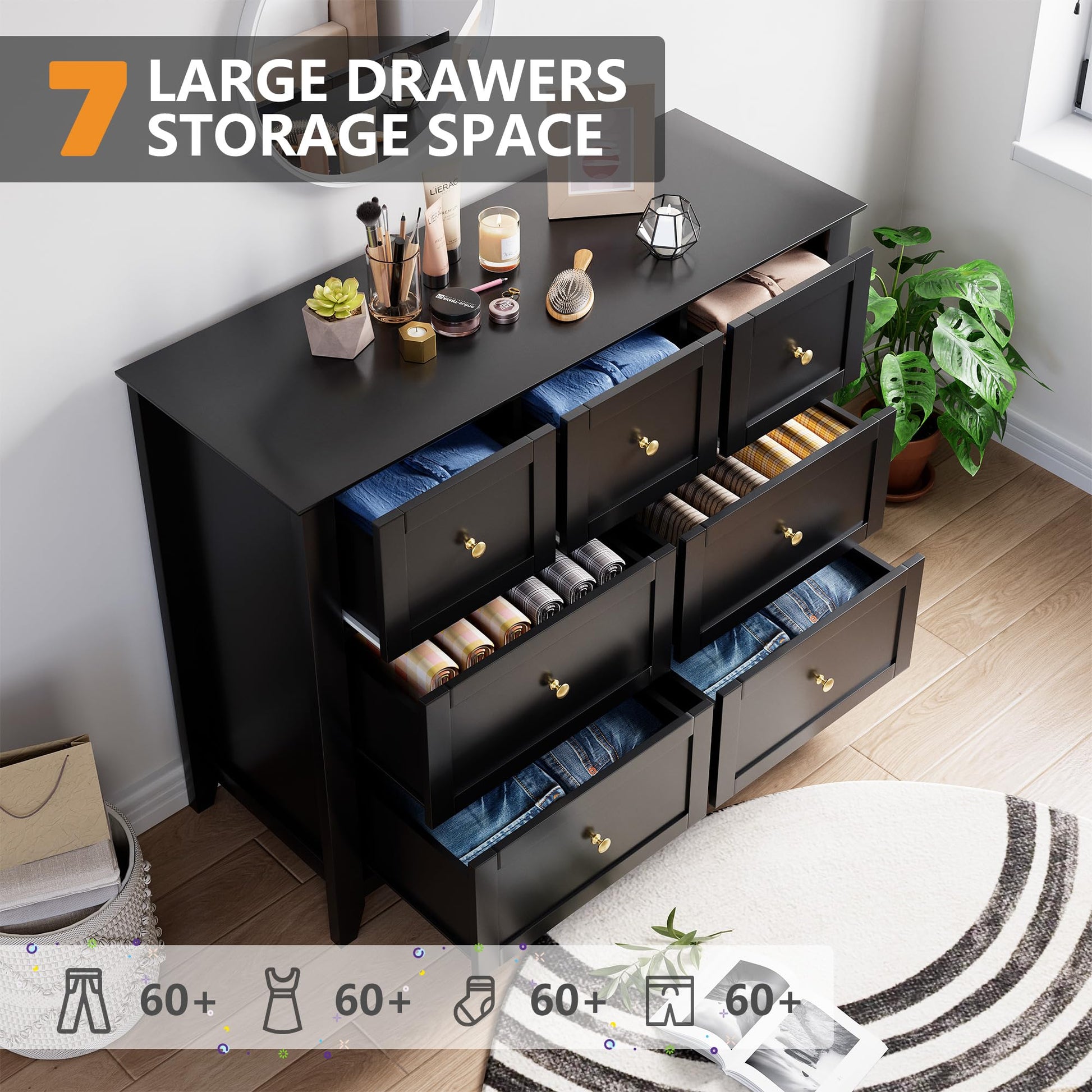 Garvee Modern Black 7-Drawer Dresser With Nickel Round Handles, Stylish Wood Organizer With Deep Drawers for Ample Storage Space, In Bedroom, Living Room, or Entryway
