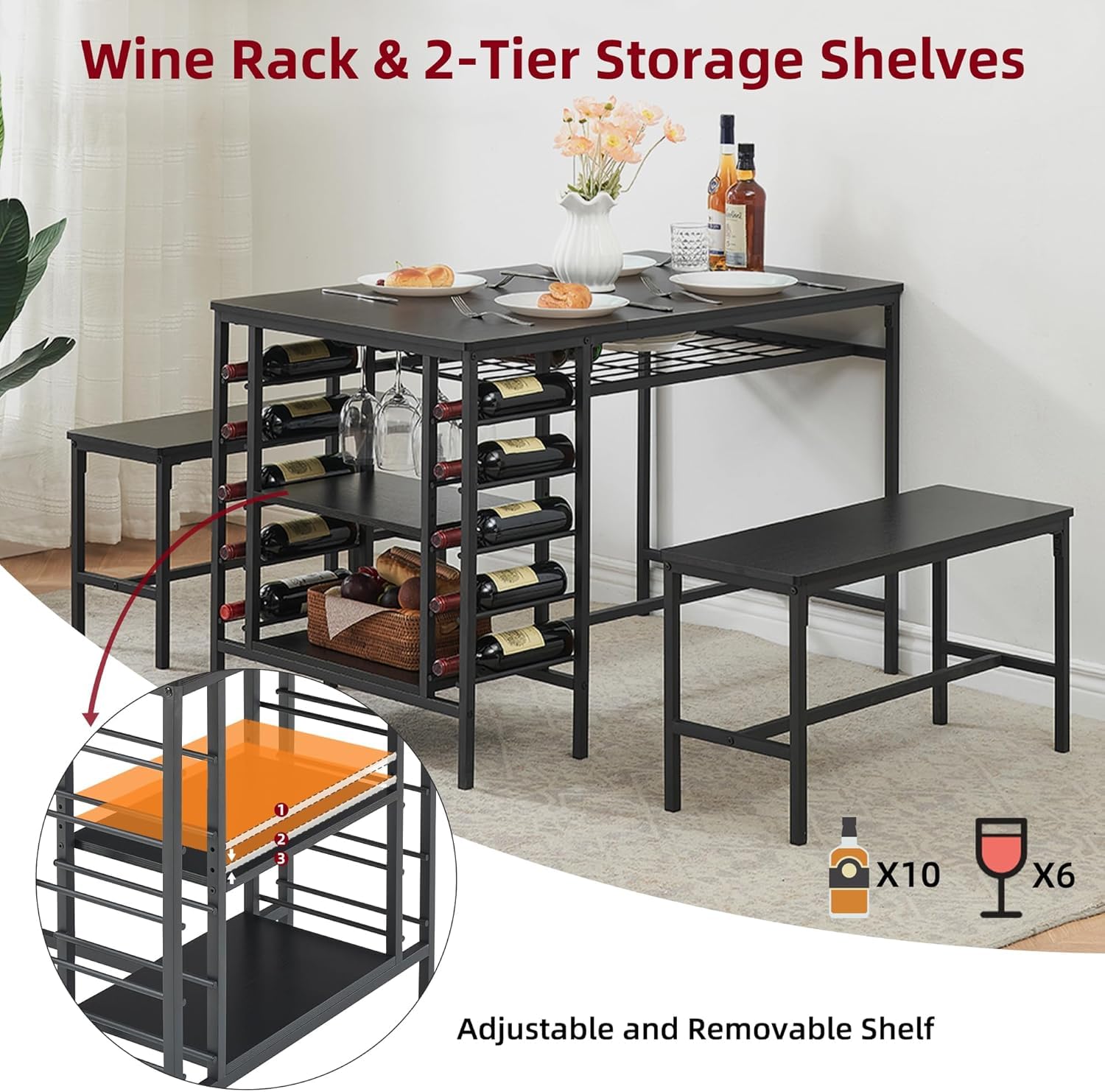 Garvee Dining Table Set for 4, Rectangular Kitchen Table Set with 2 Benches, Wine Rack and Glass Holder, 3 Piece Dining Table Set for Small Space Apartment, Black