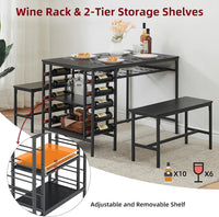 Garvee Dining Table Set for 4, Rectangular Kitchen Table Set with 2 Benches, Wine Rack and Glass Holder, 3 Piece Dining Table Set for Small Space Apartment, Black