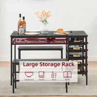 Garvee Dining Table Set for 4, Rectangular Kitchen Table Set with 2 Benches, Wine Rack and Glass Holder, 3 Piece Dining Table Set for Small Space Apartment, Black