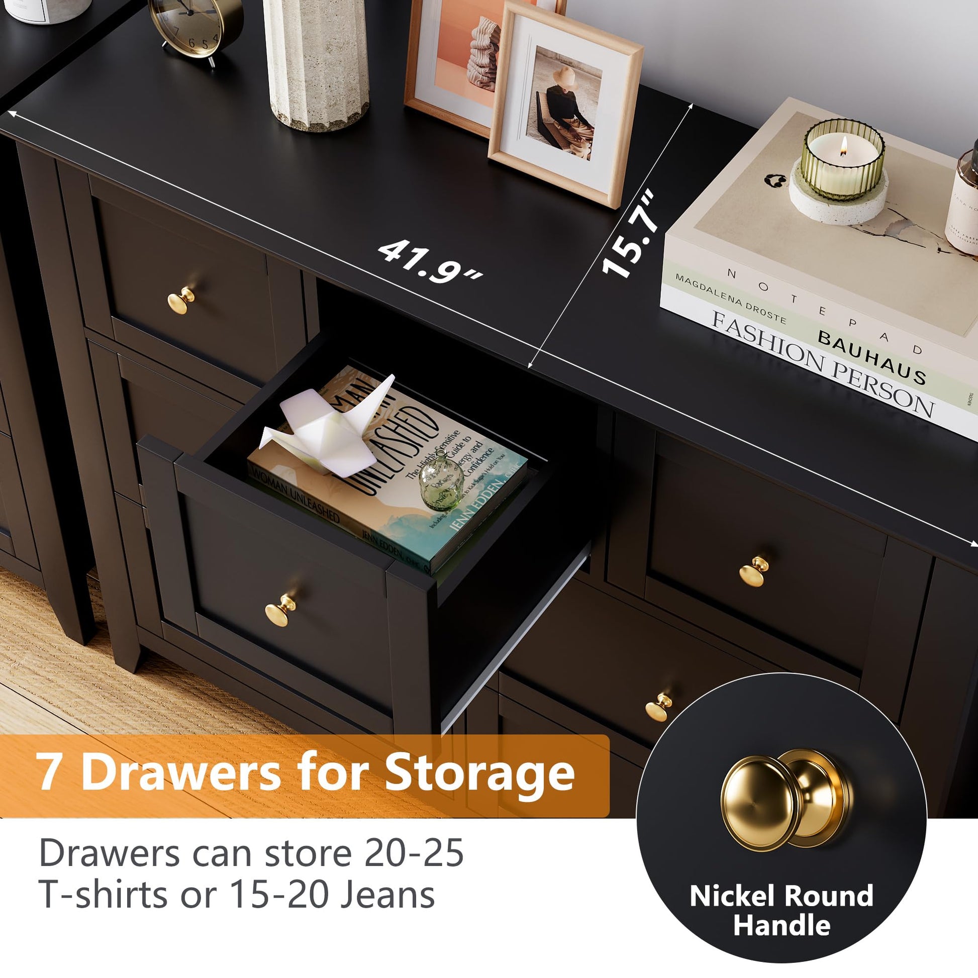 Garvee Modern Black 7-Drawer Dresser With Nickel Round Handles, Stylish Wood Organizer With Deep Drawers for Ample Storage Space, In Bedroom, Living Room, or Entryway