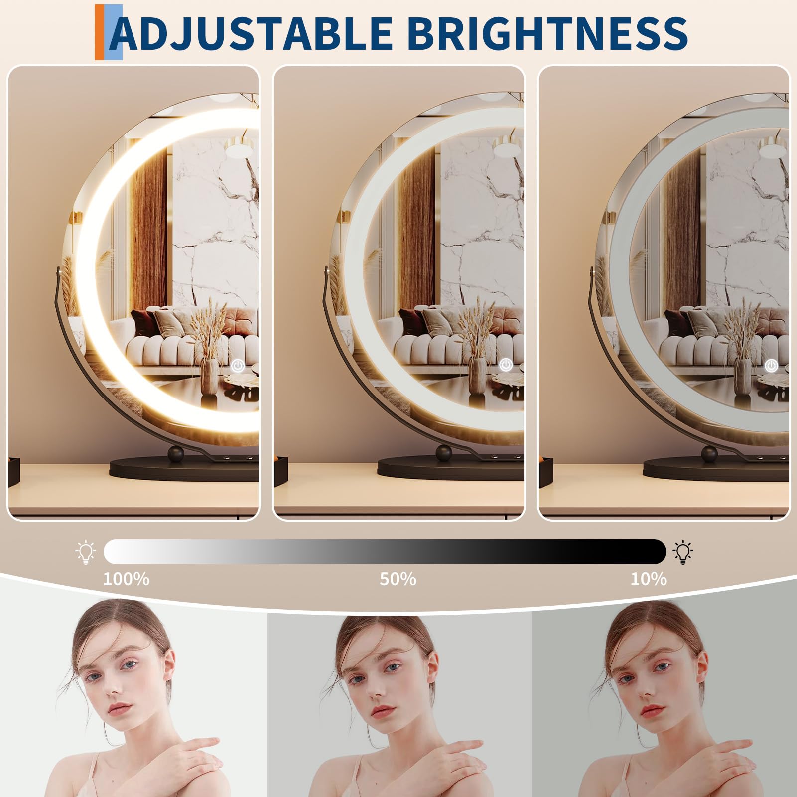 Garvee 19" Vanity Mirror with Led Lights, Large Round HD Makeup Mirror with Touch Control and 3 Color Lighting Modes, 360° Rotating Vanity Mirror for Bedroom, Table Top, Easy to Install, Black
