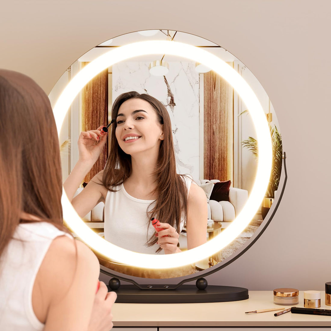 Garvee 19" Vanity Mirror with Led Lights, Large Round HD Makeup Mirror with Touch Control and 3 Color Lighting Modes, 360° Rotating Vanity Mirror for Bedroom, Table Top, Easy to Install, Black
