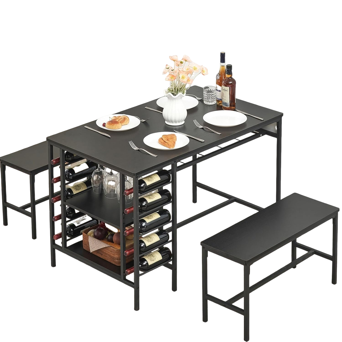 Garvee Dining Table Set for 4, Rectangular Kitchen Table Set with 2 Benches, Wine Rack and Glass Holder, 3 Piece Dining Table Set for Small Space Apartment, Black