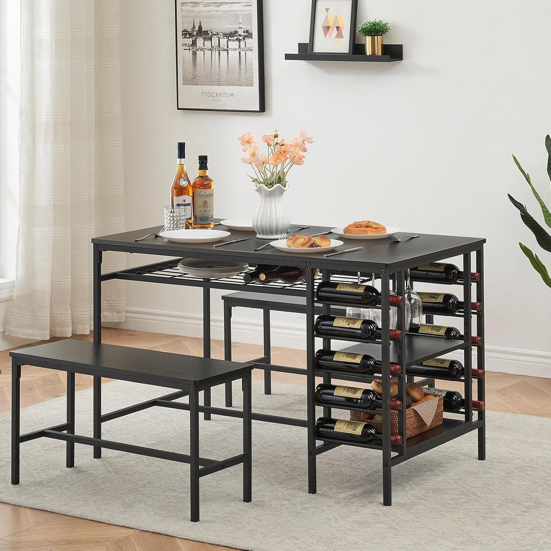 Garvee Dining Table Set for 4, Rectangular Kitchen Table Set with 2 Benches, Wine Rack and Glass Holder, 3 Piece Dining Table Set for Small Space Apartment, Black