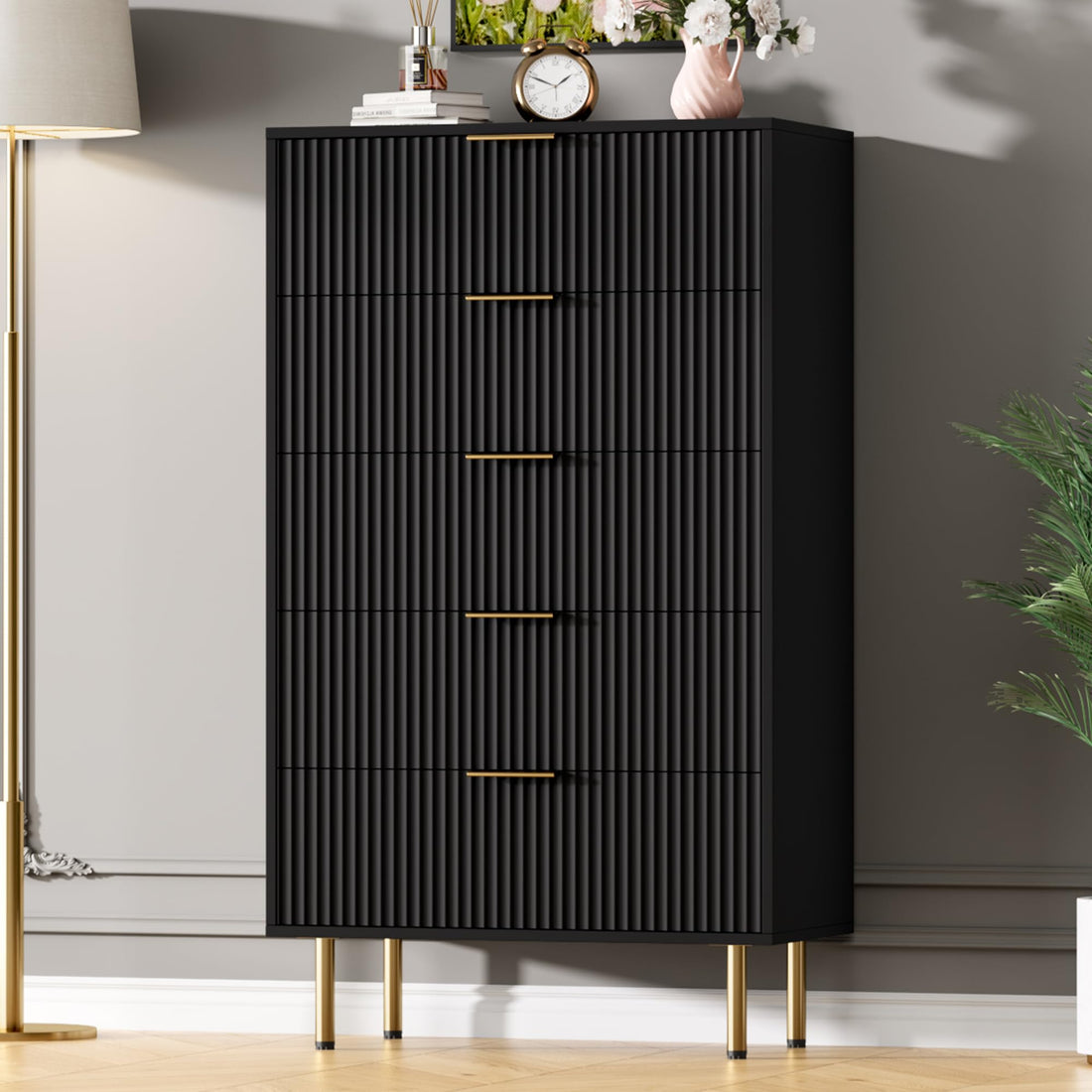 Garvee 5 Drawers Dresser for Bedroom, Fluted Dresser Chest of Drawers with Handle, Wood Modern Dressers for Closet, Bedroom Furniture Storage Organizer for Living Room, Hallway, Black